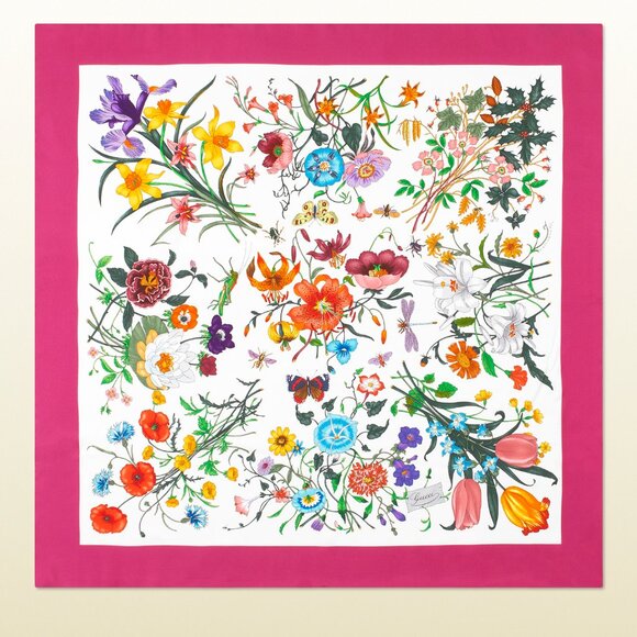 New Gucci Scarf Floral 1 Print Iconic Multicolor Pink Border Silk Wrap - Picture 1 of 15
